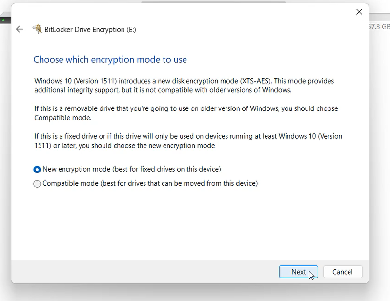 Choose which encryption mode to use - How to setup BitLocker in Windows 11