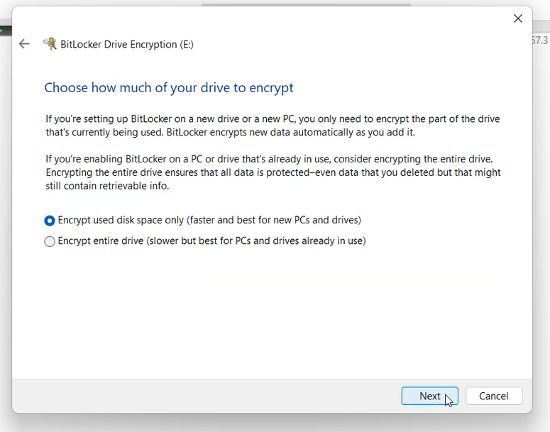 Choose how much of your drive to encrypt - How to enable BitLocker in Windows 10