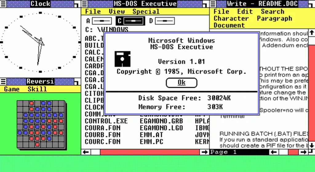 A screenshot of Windows 1.0, the first version of Windows