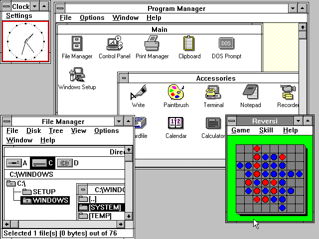 A screenshot of Windows 3.0, which introduced Program Manager and File Manager