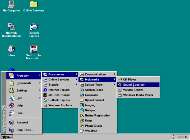 A screenshot of Windows 95, which introduced the Start menu, taskbar, and 32-bit architecture