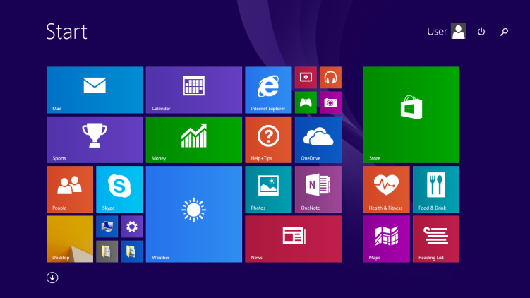 A screenshot of Windows 8, which emphasized touchscreen capabilities and introduced a new Start screen.