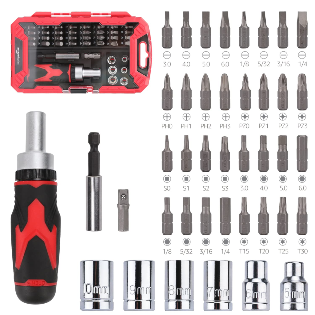 Amazon basics Magnetic Ratchet Screwdriver Set, Multicolour, 41-piece, 8 by 4.6 by 1.2 inches