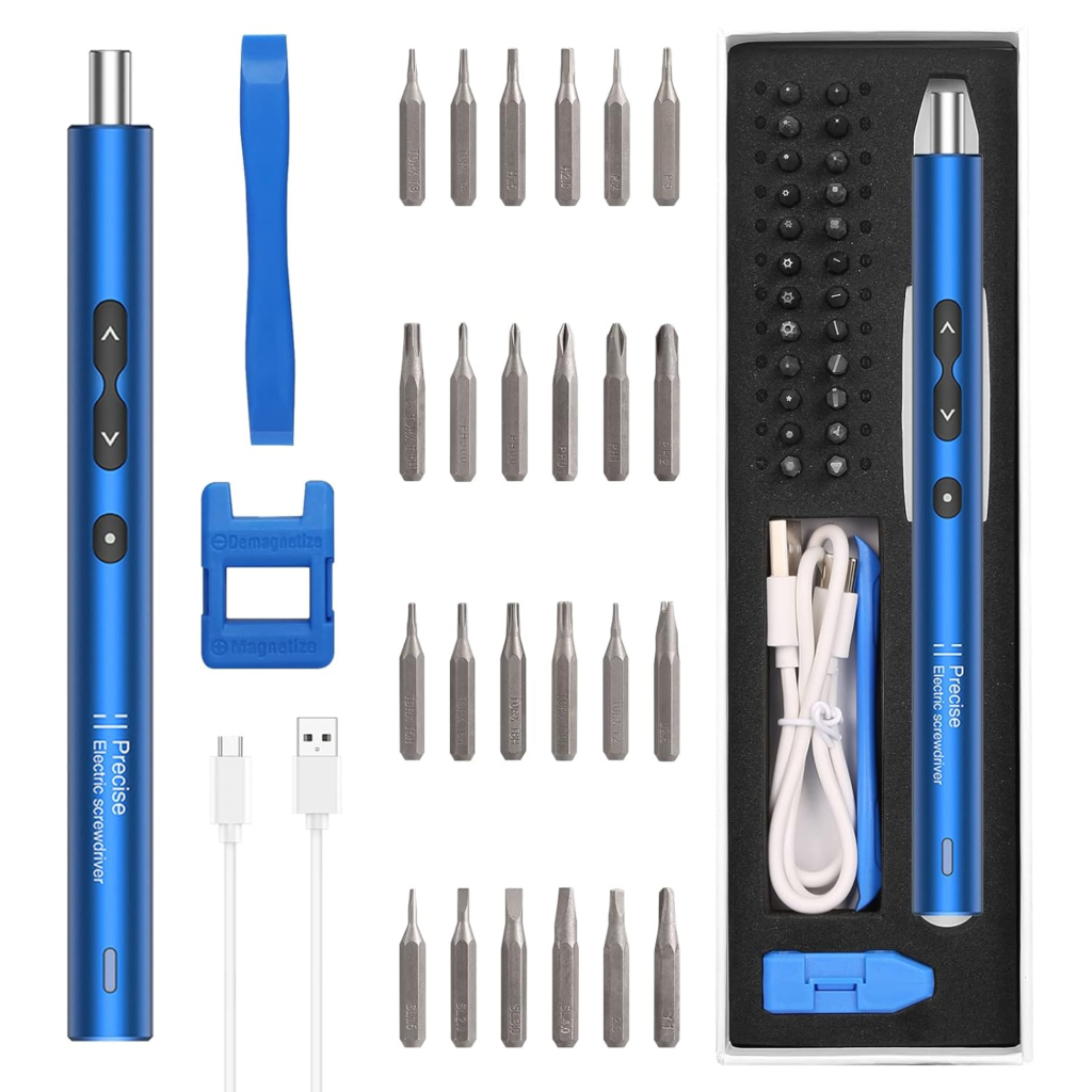 KeeKit Precision Electric Screwdriver, Rechargeable Repair Tool Kits with USB Charging, 28 in-1 Portable Power Screwdriver with 24 Bits, 3 LED Light, Magnetizer for Phones, Camera, Laptop - Blue