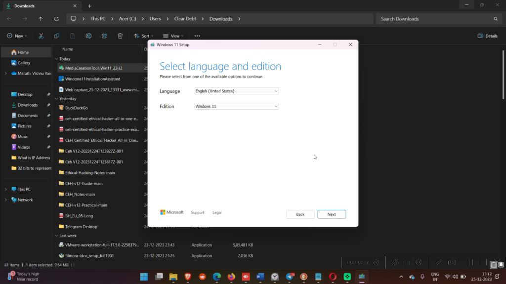 Select language and edition in the process of Downloading Windows 11 ISO using the Media creation tool.