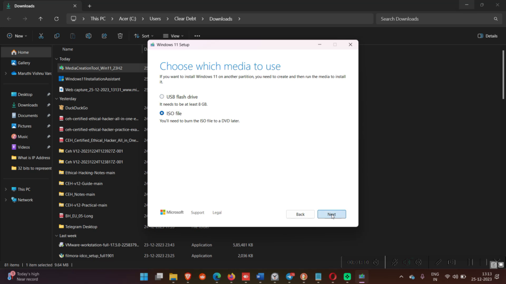 Choosing ISO file in Media creation tool to in the process of genuine windows 11 iso downloading process