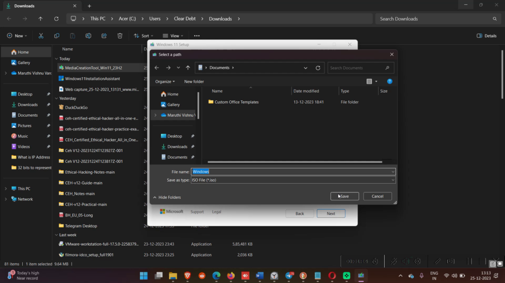 selecting file location to save windows 11 iso file in media creation tool