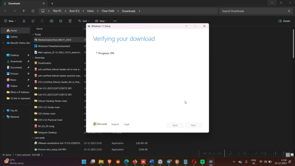 Progress screen windows 11 verifying your download in media creation tool.
