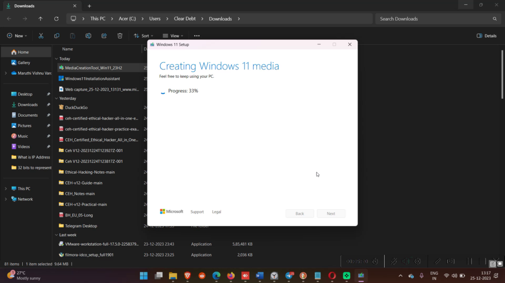 Creating windows 11 media progress in media creation tool