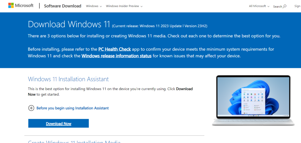 Windows 11 ISO Download using the Media creation tool.