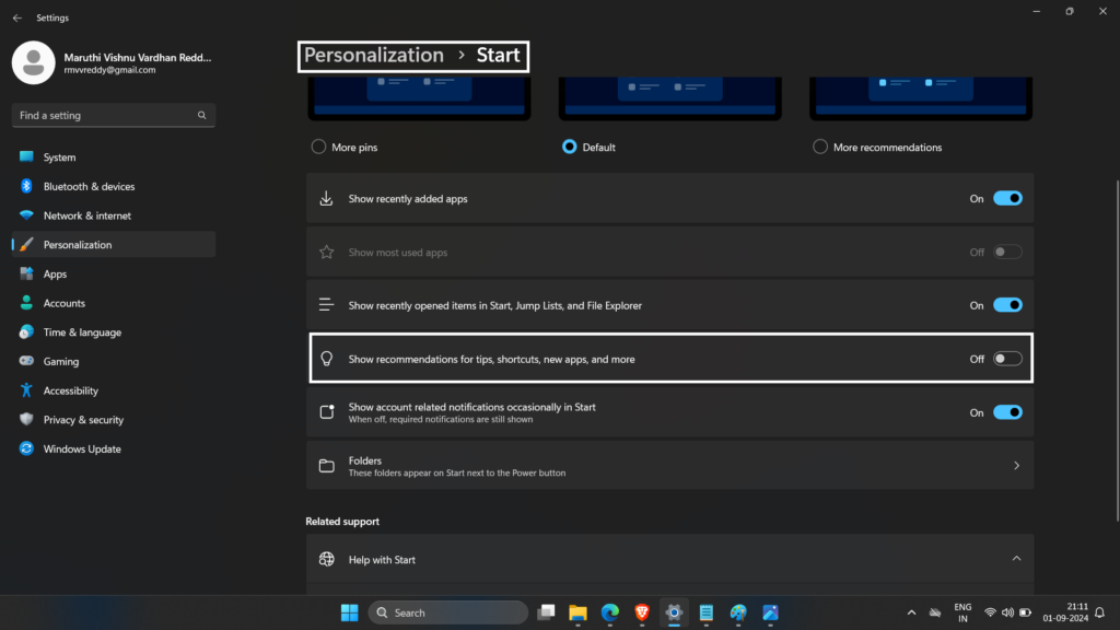 Turn off the switch for Show recommendations for tips, app promotions, and more _ Disable Start Menu Ads