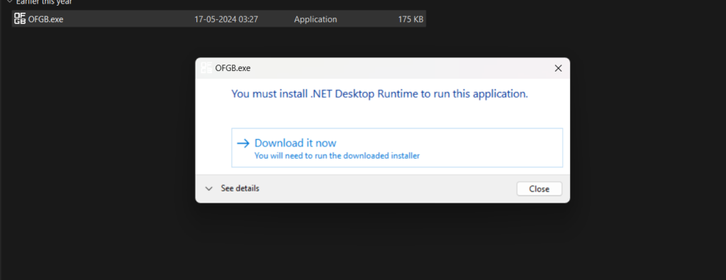 Using .Net Desktop Runtime rquired for OFGB Tool