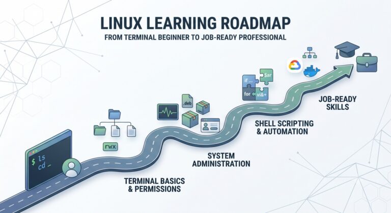 Linux learning roadmap for beginners — step-by-step path from terminal basics to job-ready skills