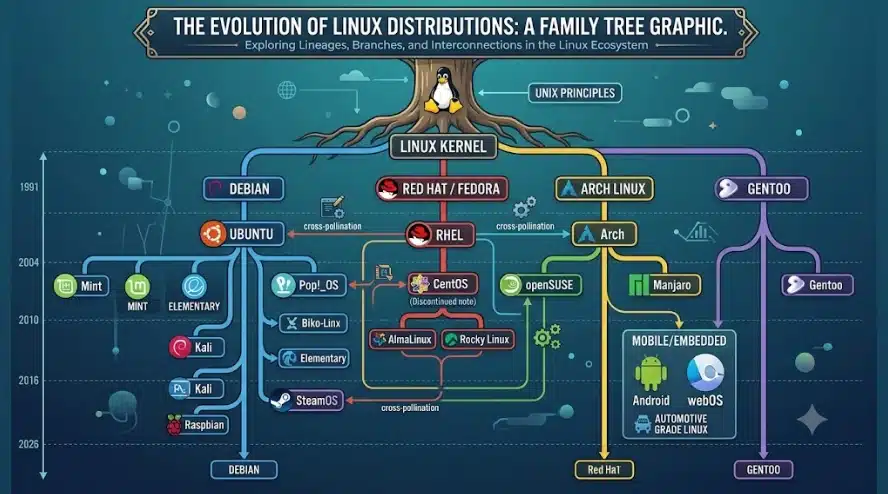 a linux distro family tree graphic