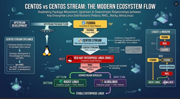 CentOS vs CentOS Stream comparison diagram showing the upstream and downstream flow between Fedora, CentOS Stream, RHEL, Rocky Linux and AlmaLinux