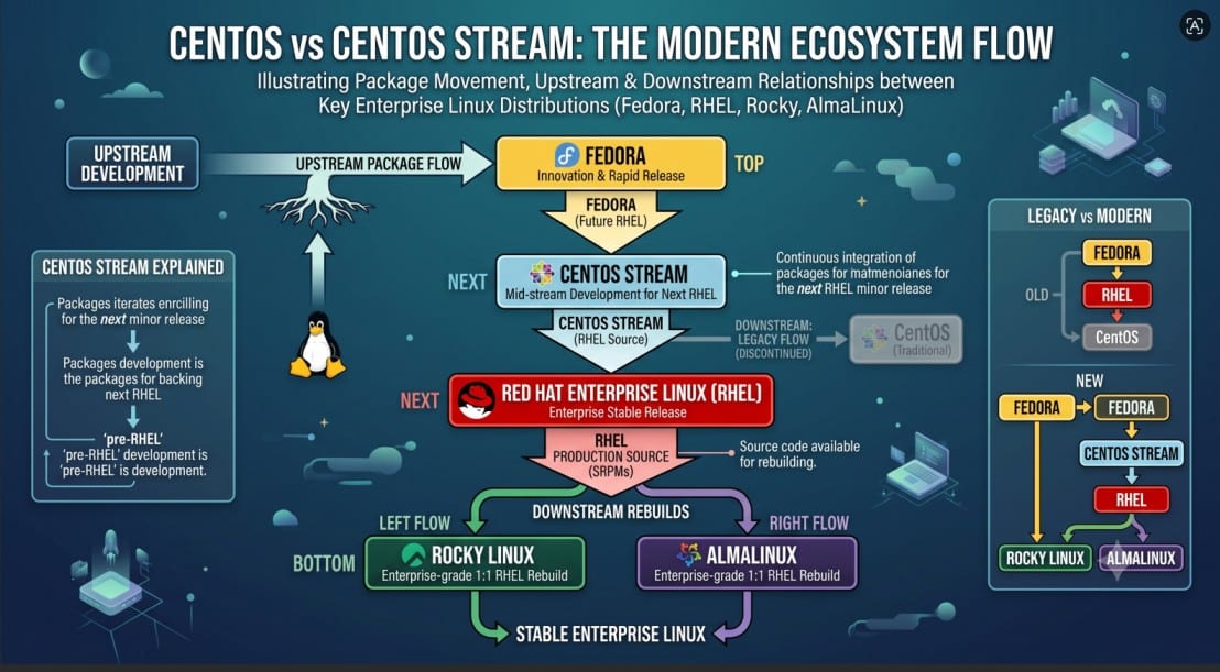 CentOS vs CentOS Stream comparison diagram showing the upstream and downstream flow between Fedora, CentOS Stream, RHEL, Rocky Linux and AlmaLinux