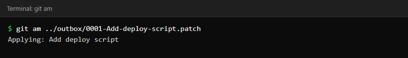 Terminal showing git am applying the patch and reporting Applying: Add deploy script