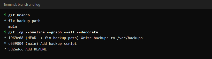 Terminal showing git branch with fix-backup-path selected and git log --graph showing three commits with HEAD on fix-backup-path