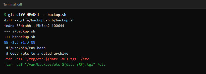 Terminal showing a git diff where the tar output path changes from /tmp to /var/backups