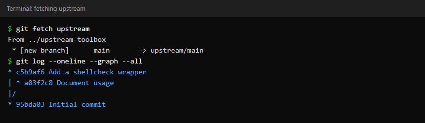 Terminal showing git fetch upstream followed by git log --graph --all showing two branches that diverged from the same commit
