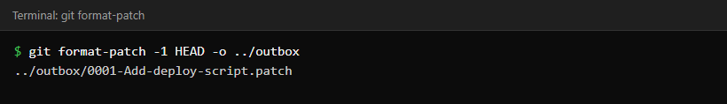 Terminal showing git format-patch writing a numbered patch file named after the commit message