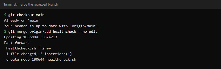 Terminal showing a fast-forward merge of the healthcheck branch into main