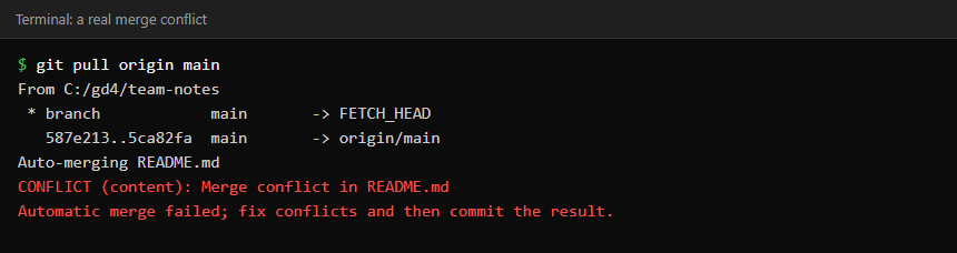 Terminal showing git pull reporting Auto-merging README.md then CONFLICT (content): Merge conflict in README.md