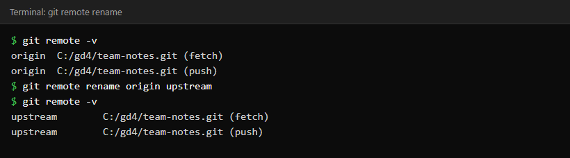 Terminal showing git remote -v before and after renaming origin to upstream