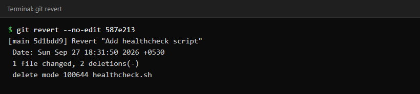Terminal showing git revert creating a new commit that reverses the earlier Add deploy script commit