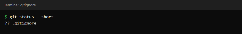 Terminal showing git status --short listing only .gitignore even though a .env file exists in the folder