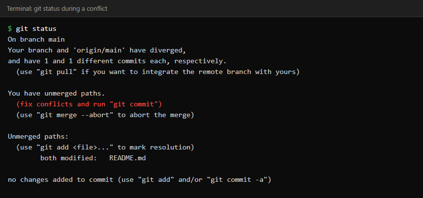 Terminal showing git status listing README.md under Unmerged paths with instructions to fix conflicts and run git commit