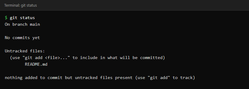 Terminal showing git status listing README.md as an untracked file on branch main with no commits yet