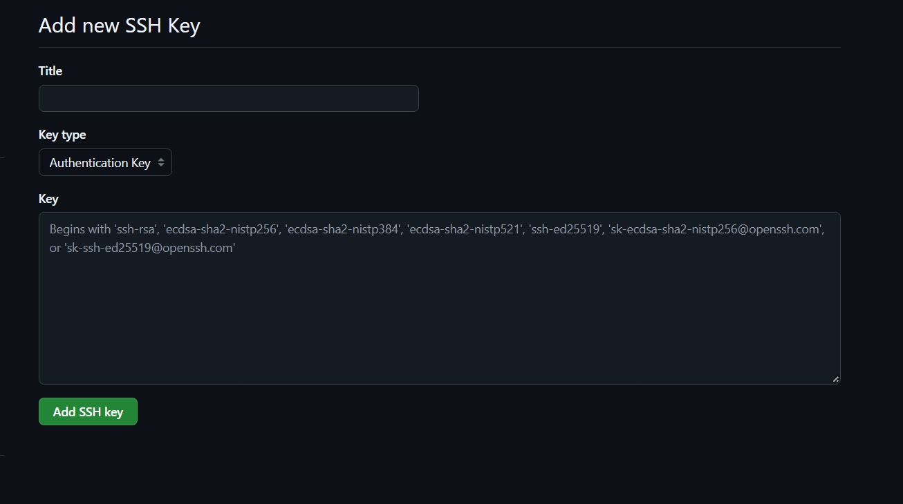 GitHub Add new SSH Key form with a Title box, a Key type of Authentication Key and a large Key box that begins with ssh-ed25519