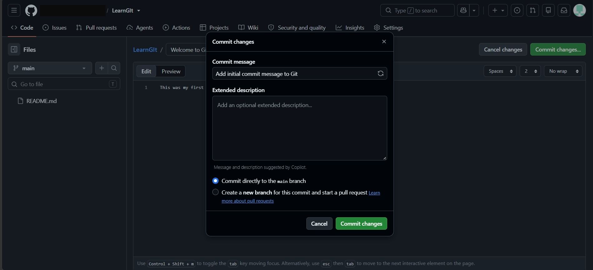 GitHub Commit changes dialog with a commit message, an optional extended description, and the choice between committing directly to the main branch or creating a new branch and pull request