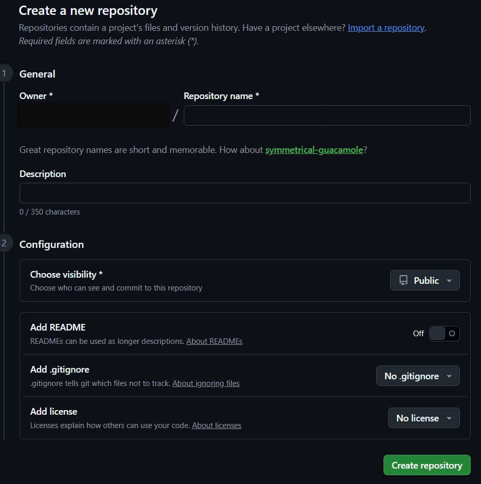 GitHub Create a new repository form with the repository name empty, visibility Public and the Add README switch set to Off