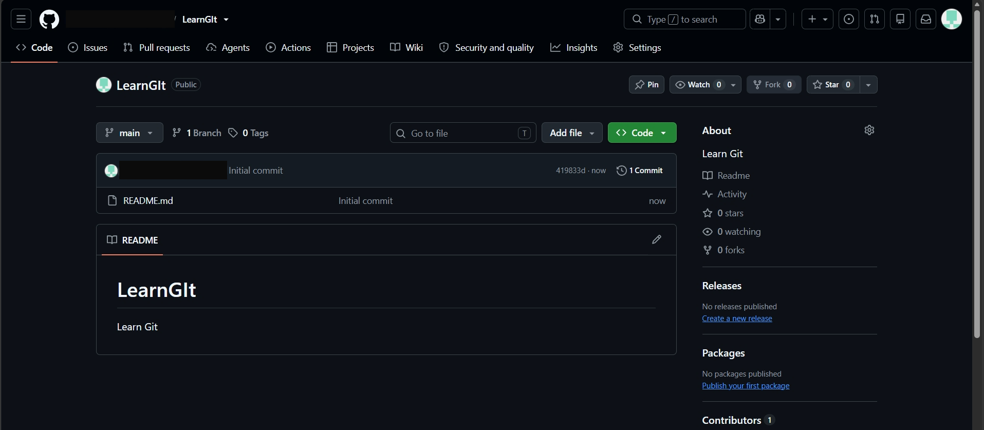 GitHub repository home page showing the main branch, one commit, a README.md file and the rendered README with the text Learn Git