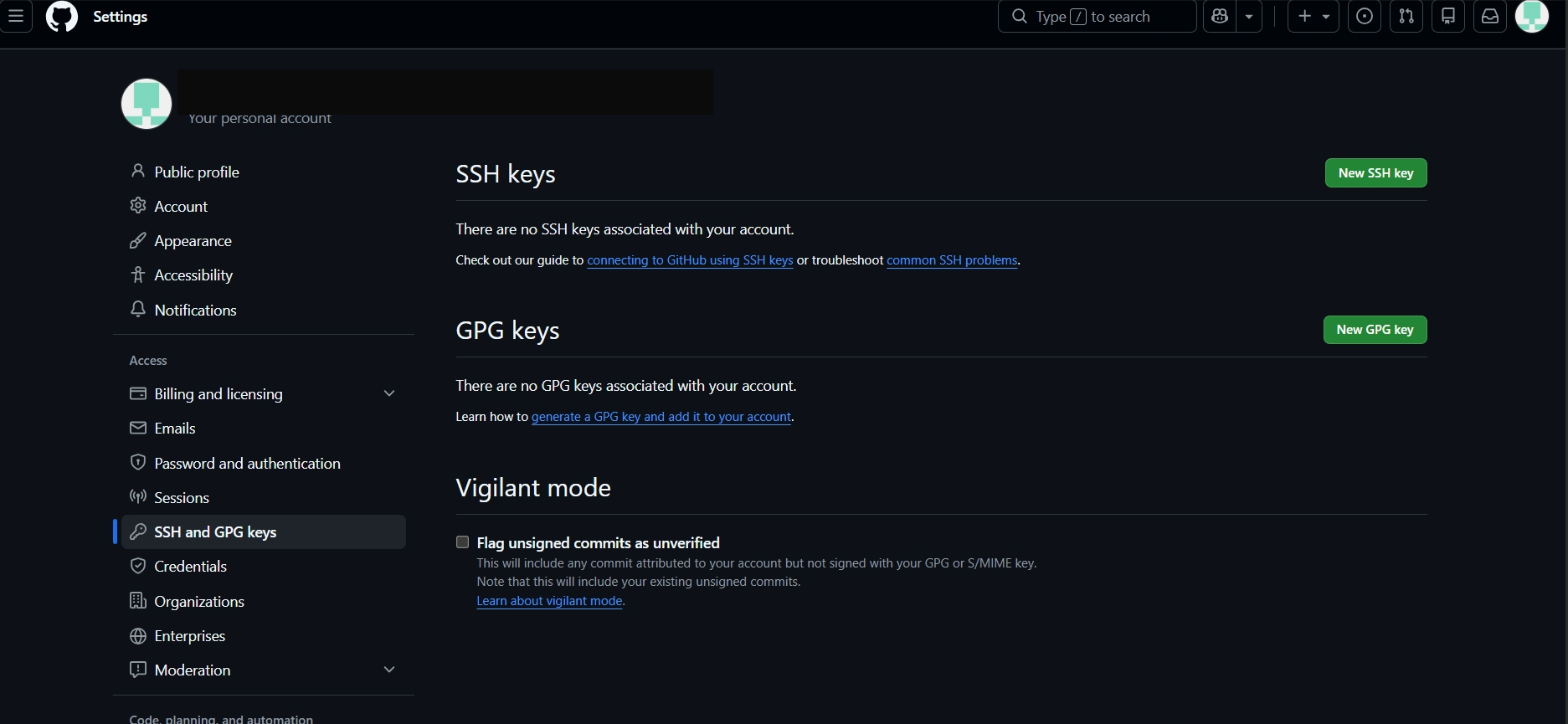 GitHub settings page SSH and GPG keys showing There are no SSH keys associated with your account and a New SSH key button