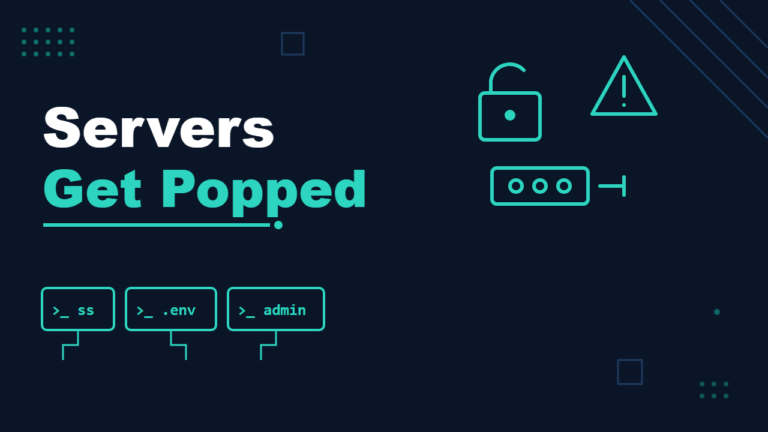 Servers Get Popped — illustration with an open padlock, warning triangle and exposed port