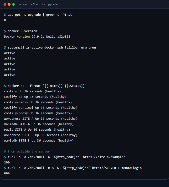 Terminal output after the upgrade: zero packages pending, Docker 29.9.2, five services active, ten containers healthy, the site returns 200 and port 8000 returns 000 from outside