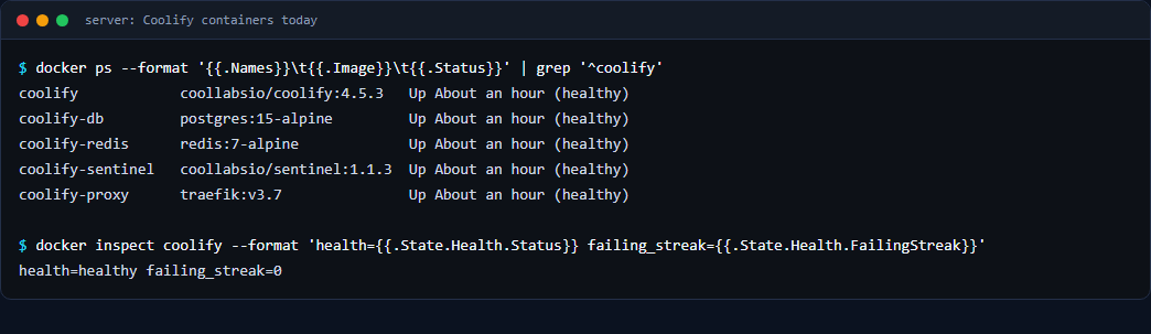 Terminal output: docker ps shows the coolify container on coollabsio/coolify:4.5.3 healthy together with coolify-db, redis, sentinel and the traefik proxy, and docker inspect reports healthy with a failing streak of 0
