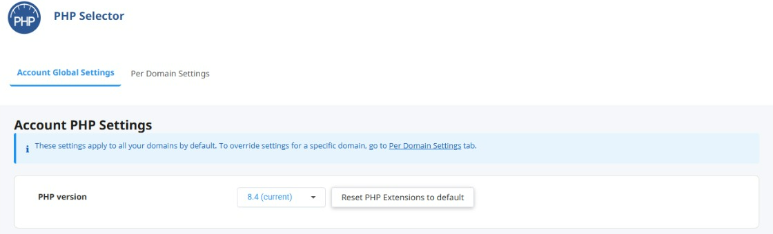 cPanel PHP Selector, Account Global Settings tab, PHP version set to 8.4 (current)