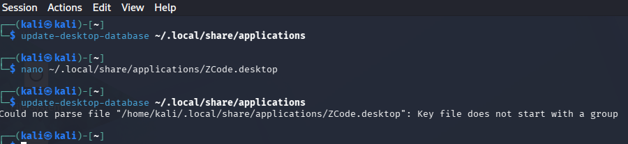 Terminal: update-desktop-database reports Could not parse file ZCode.desktop: Key file does not start with a group