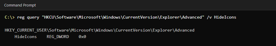 Command Prompt showing reg query returning HideIcons as REG_DWORD 0x0 under the Explorer Advanced key