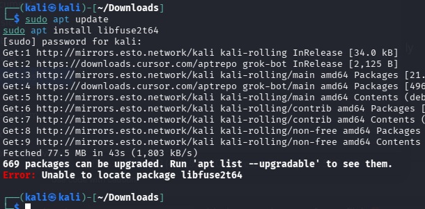 Terminal: sudo apt update, then sudo apt install libfuse2t64 fails with Unable to locate package libfuse2t64