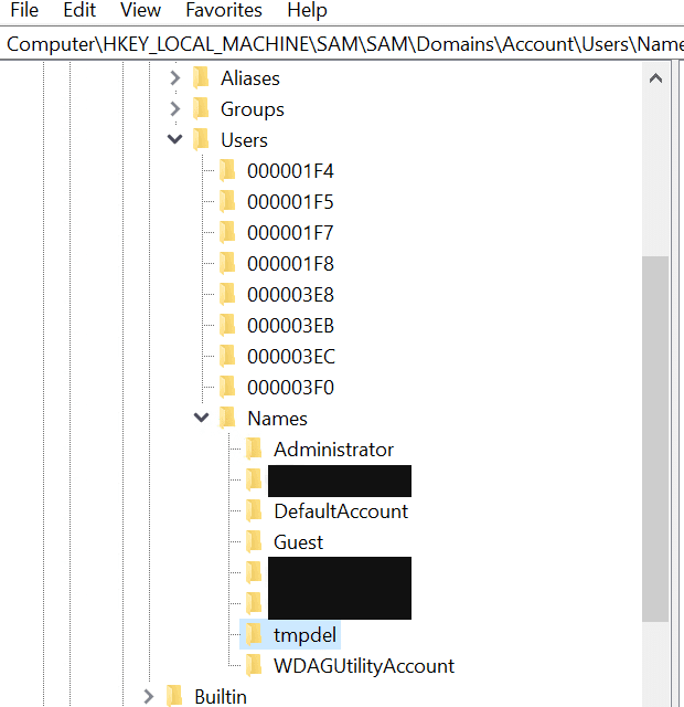 Registry Editor at HKLM\SAM\SAM\Domains\Account\Users\Names with the renamed account selected, its value type 0x3f0 shown, and other usernames hidden
