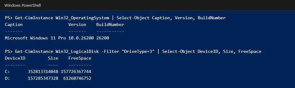 Get-CimInstance returning the Windows 11 Pro caption and version, then the size and free space of two logical disks