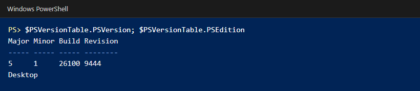 Windows PowerShell console showing version 5.1 and the edition Desktop