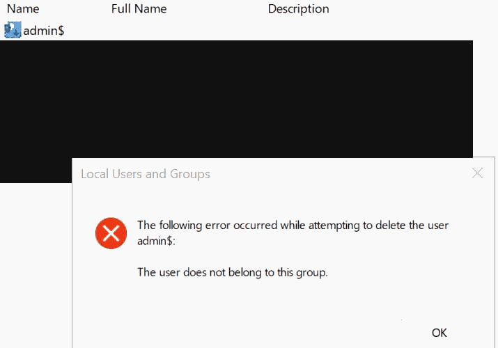 Local Users and Groups dialog showing the error The user does not belong to this group when deleting a local user, with other usernames hidden