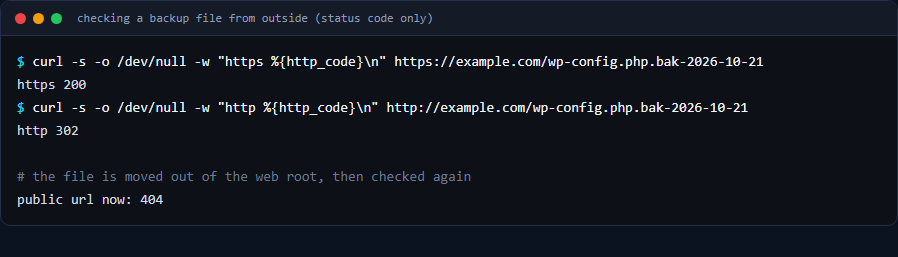 Terminal output: curl to the wp-config backup URL returns 200 over https and 302 over http, and after the file is moved out of the web root the public URL returns 404