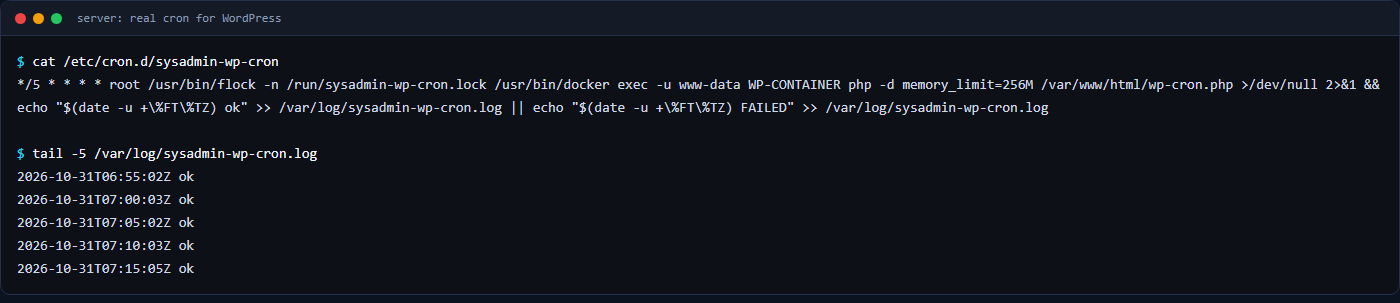 Terminal output: the cron.d line that runs wp-cron.php in the container every five minutes with flock, followed by log lines showing ok every five minutes
